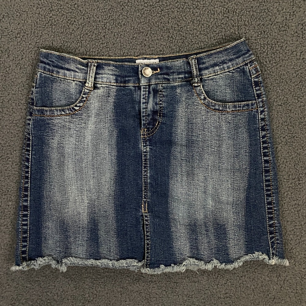 Vintage Y2K No Boundaries Denim Skirt FITS 26x14 Stretch Mini Jean Raw Hem Blue